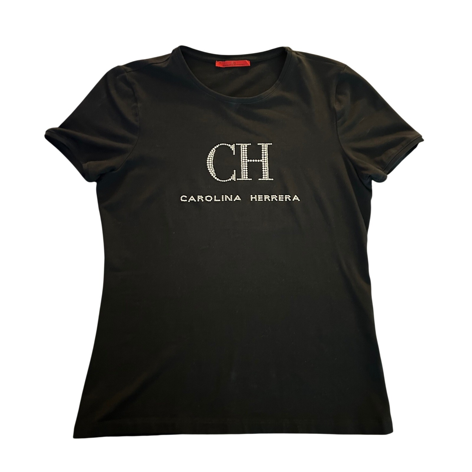 Carolina Herrera Black Crystal Embellished Ch Logo T-Shirt Small (1218)